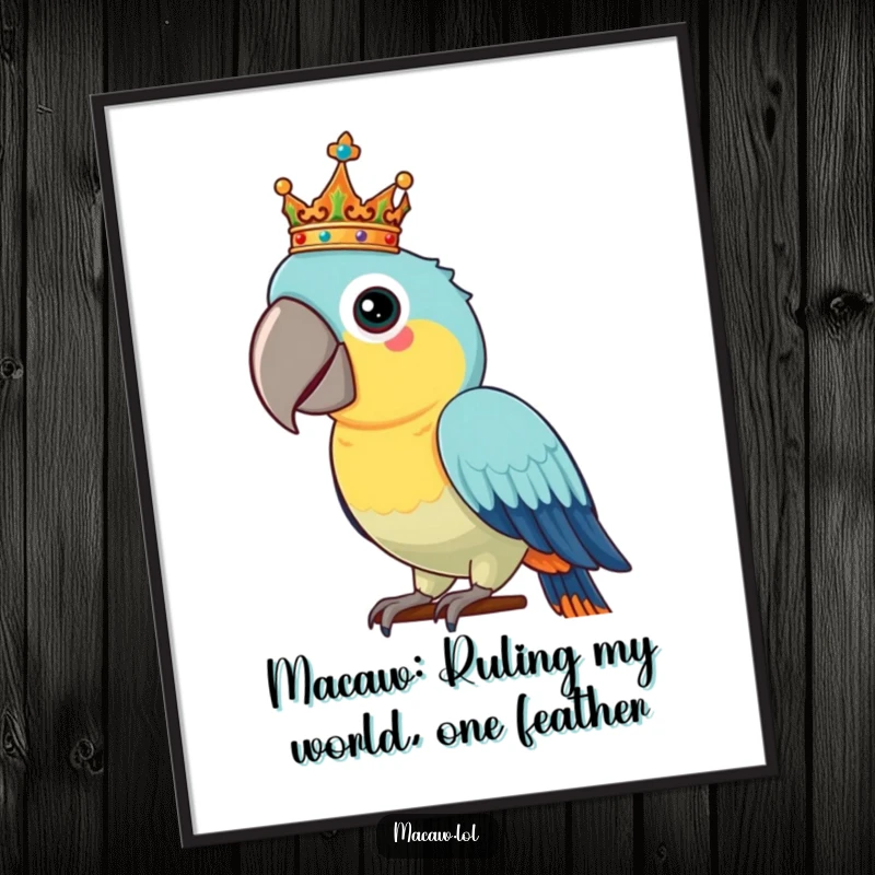 Funny Free Printable Macaw Wall Art: Proud bird balancing an ornate crown, bringing regal humor to your decor.