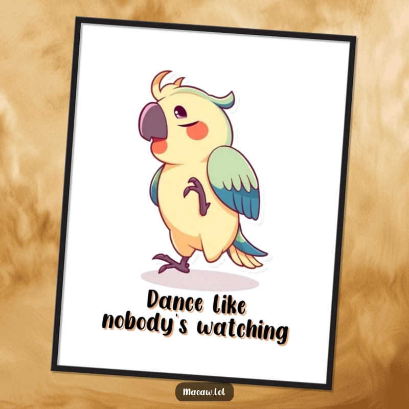 Funny Free Printable Wall Art: A joyful macaw comically dancing with its foot rhythmically tapping to an unseen, vibrant beat.
