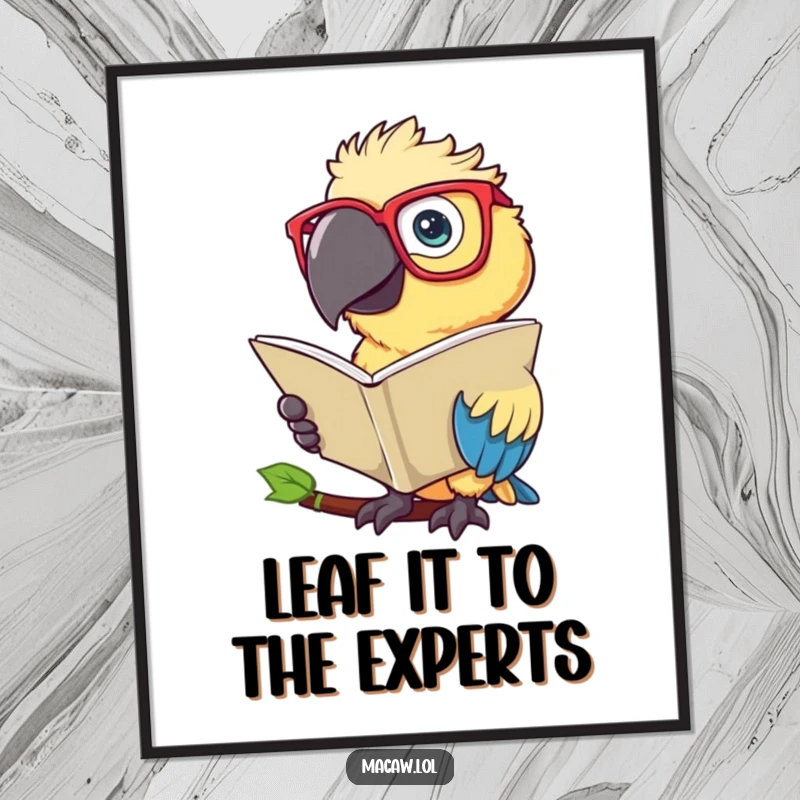 Funny Free Printable Wall Art: A macaw bird wearing enormous spectacles intently reads a large green leaf like an important book.