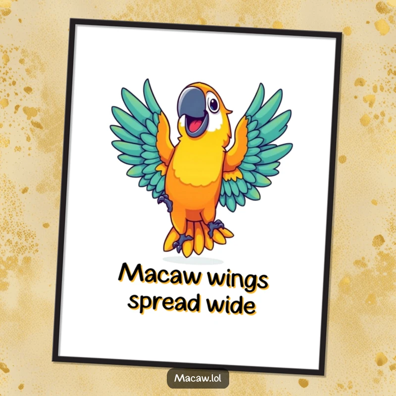 Funny Free Printable Wall Art: A vibrant macaw with a wide grin dances with outstretched wings, colorful downloadable art.