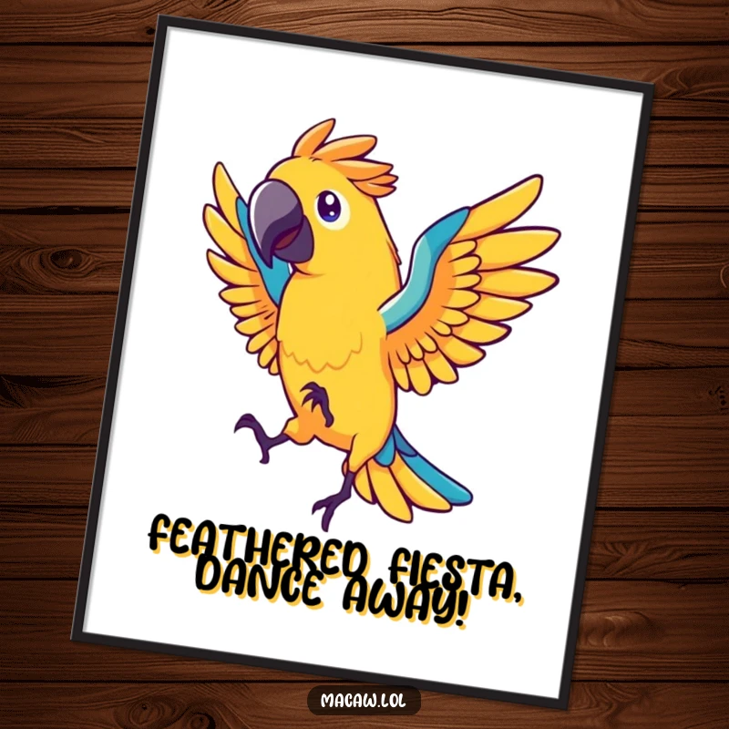 Funny Free Printable Wall Art: Stylized macaw bird with fanned tail feathers captured mid-energetic dance.