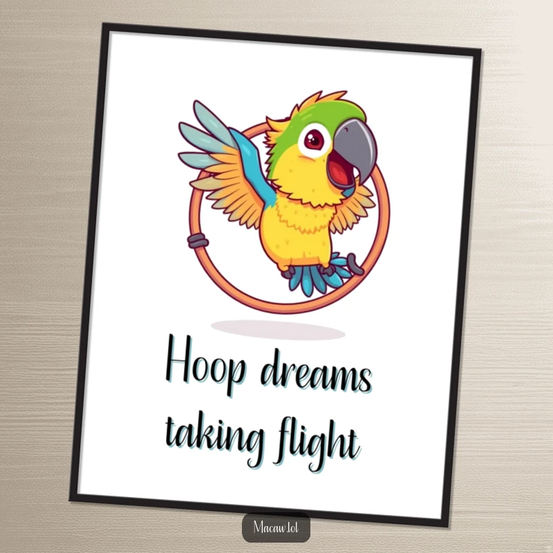 Funny Free Printable Wall Art: Ruffled Macaw humorously attempts to fly through a hoop, downloadable quirky bird decor.