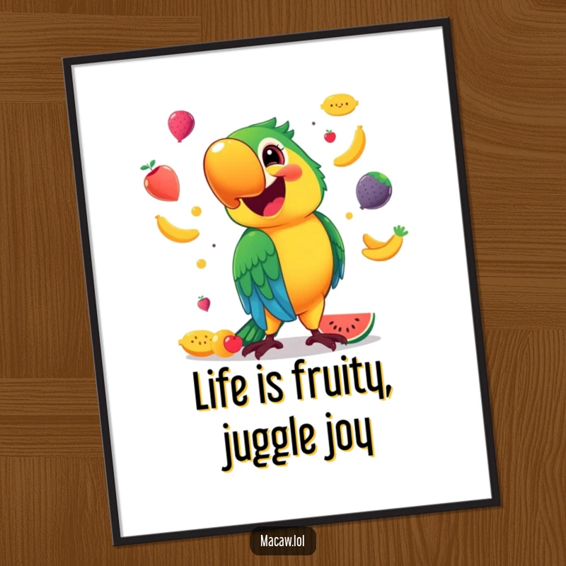 Funny Free Printable Wall Art: A vibrant, smiling macaw juggling a variety of colorful fruits with energetic flair.