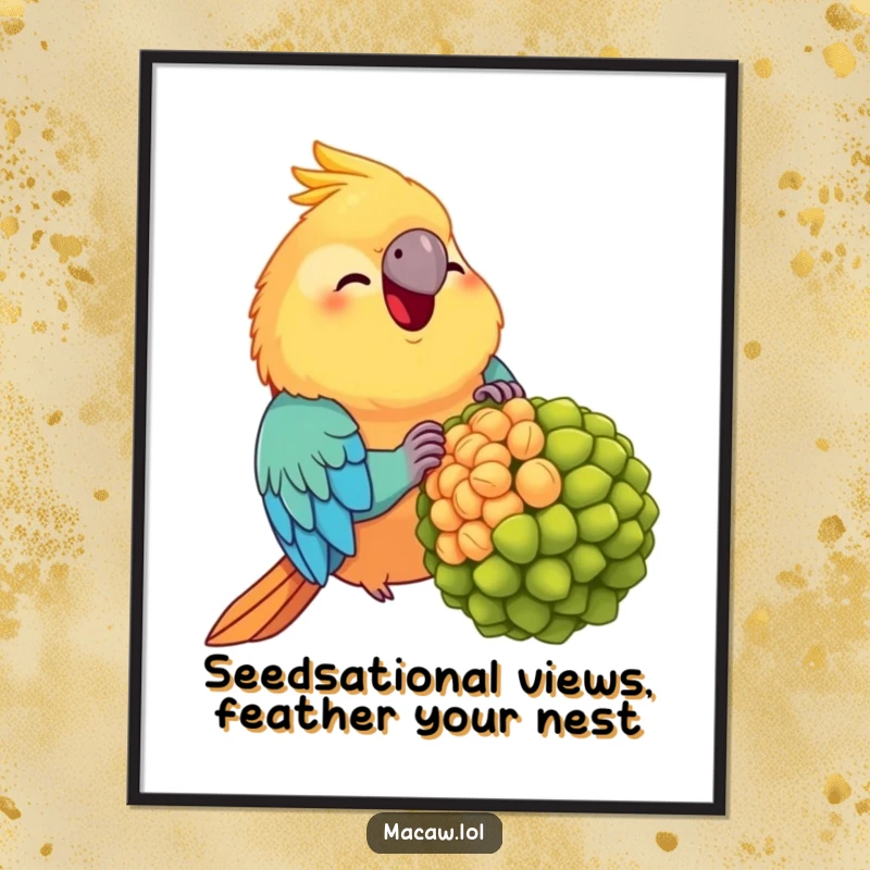 Funny free printable wall art: A chubby, content macaw enthusiastically eating a comically huge seed, bringing joy and laughter.