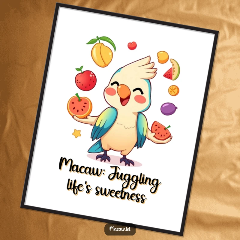 Funny Free Printable Wall Art: A kawaii macaw with a mischievous grin energetically juggles various colorful fruits.