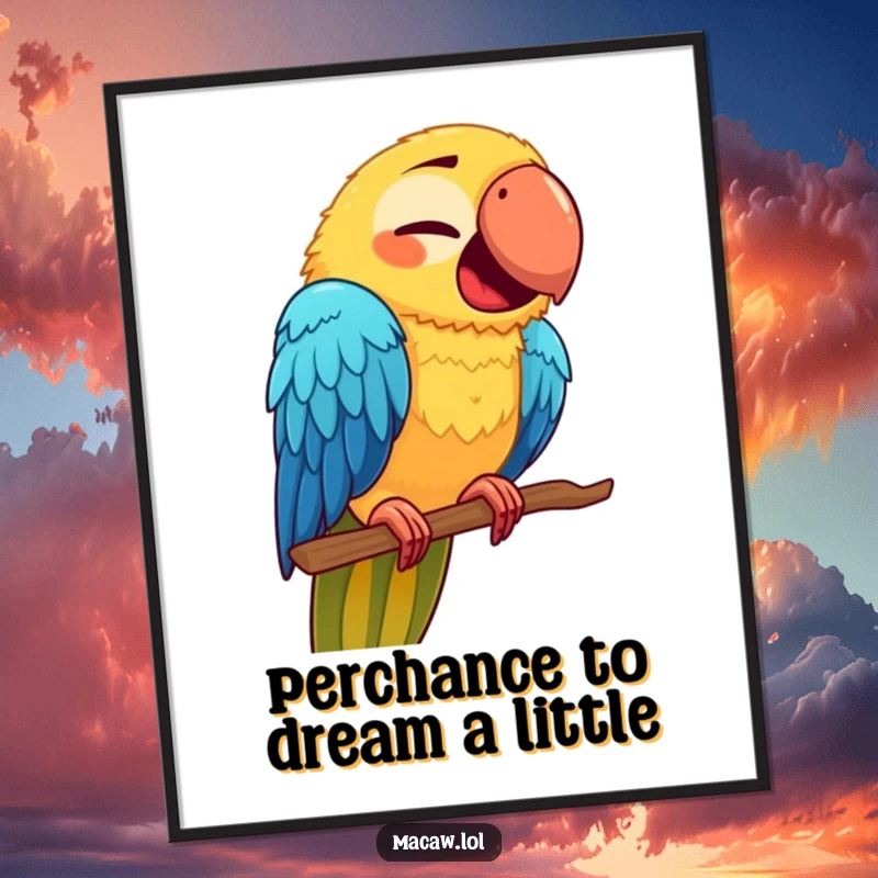 Funny free printable wall art: A cute macaw with a hilariously distorted face, attempting to get comfortable on a strange new perch.