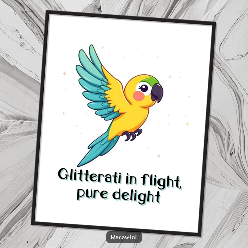 Funny Free Printable Wall Art: A majestic macaw artistically flying through a shower of vibrant, sparkling glitter.