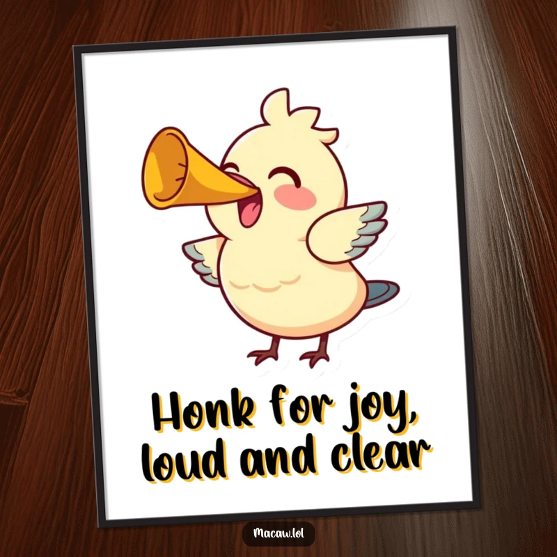 Funny Free Printable Wall Art: A bird joyfully honking a small horn with gusto, radiating happiness and festive energy.
