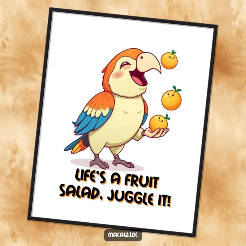 Funny Free Printable Wall Art: A cute, happy macaw squawks gleefully while juggling three small, colorful fruits.