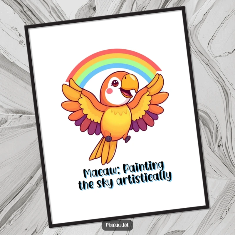 Funny Free Printable Macaw Wall Art: Cheerful bird with outstretched wings forming a beautiful rainbow arc. Vibrant decor.