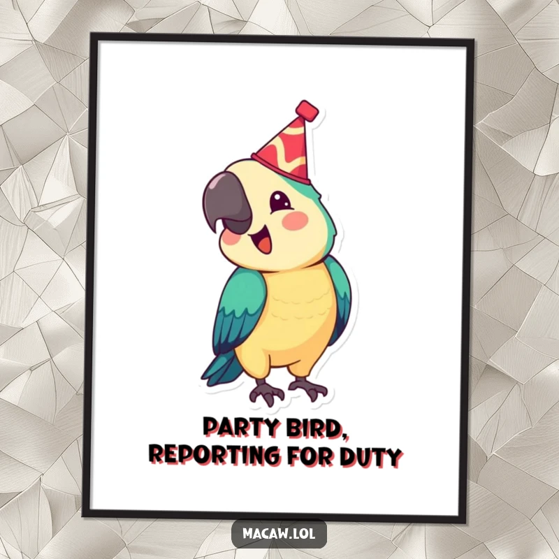 Funny Free Printable Wall Art: A festive macaw wearing a small hat bobs its head with pure joy.