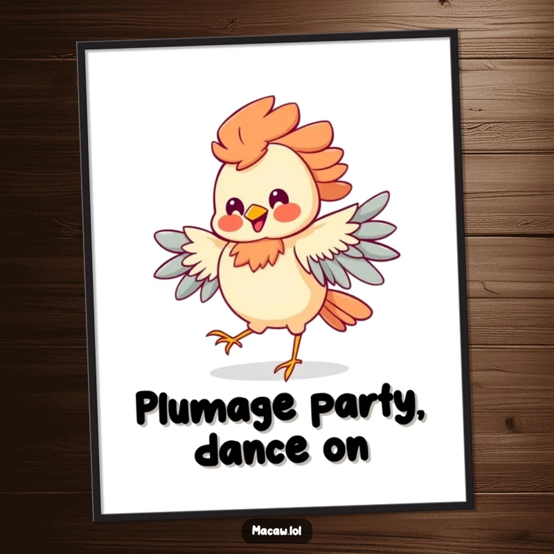 Funny Free Printable Wall Art: A bird with spectacular plumage doing a comical jig with a wide, silly grin.