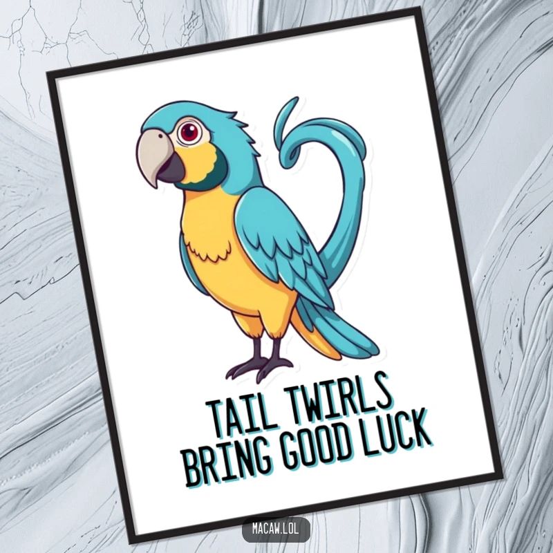 Funny Free Printable Wall Art: Macaw with a very long, curly tail playfully whipping it around, downloadable whimsical avian decor.