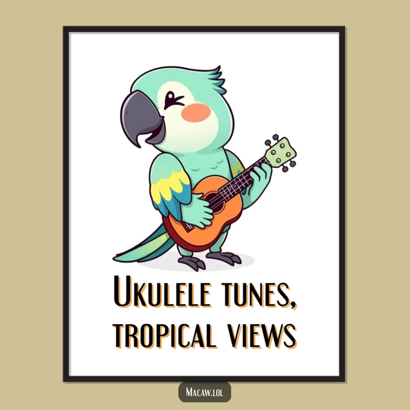 Free Printable Wall Art: Funny Macaw Ukulele Player for Quirky Decor Downloadable Gift