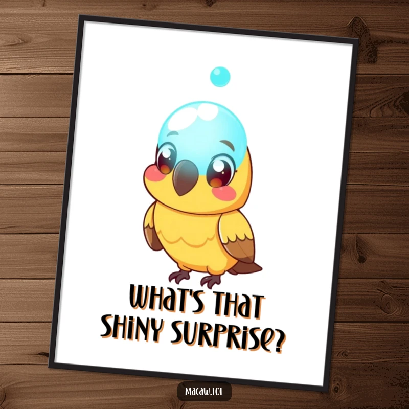 Funny Free Printable Wall Art: A macaw bird with extremely wide, surprised eyes stares intently at a mysterious, glowing orb.