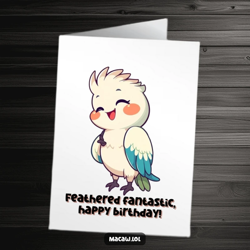 Funny Free Printable Macaw Birthday Card: A happy macaw with a pleased expression meticulously preens its bright, colorful feathers.