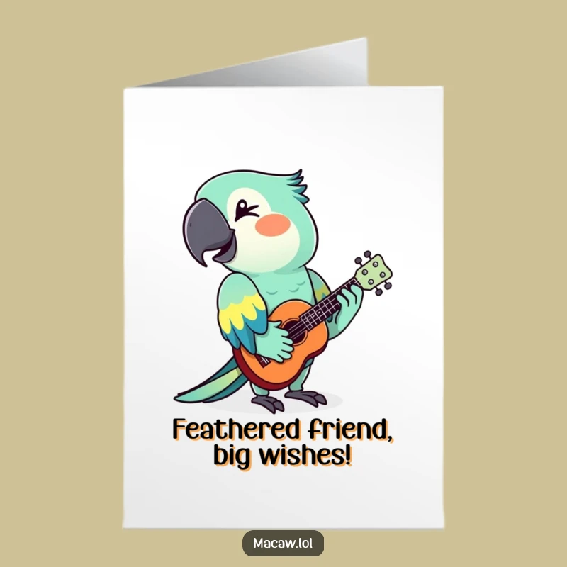 Free Printable Funny Birthday Card: Winking Macaw Ukulele Player for a Hilarious Downloadable Gift