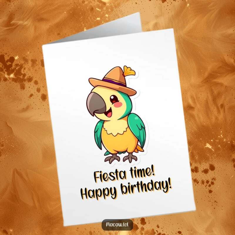 Funny Free Printable Birthday Card: Cheerful macaw in a tiny sombrero, tipping it with a grand flourish for a birthday.