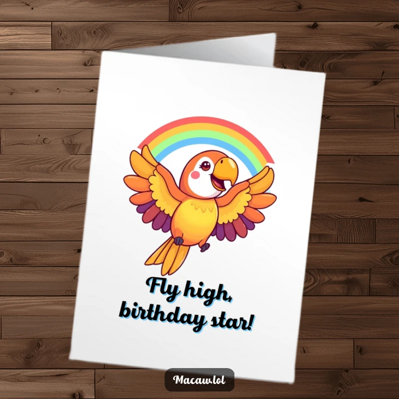 Funny Free Printable Macaw Birthday Card: Cheerful bird creating a vibrant rainbow arc with outstretched wings.