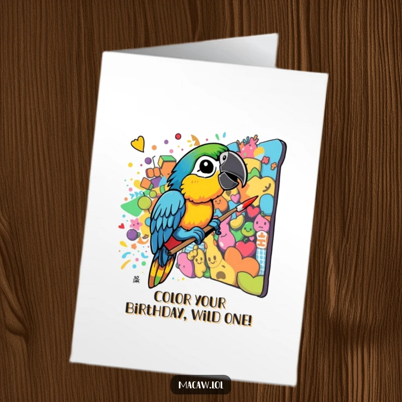 Funny Free Printable Birthday Card: A macaw joyfully splattering paint with its beak, creating a wild, colorful mural.