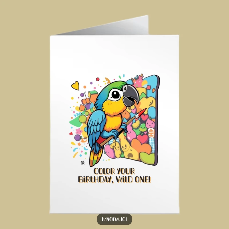 Free Printable Birthday Card: Artistic Macaw Paints Chaos for a Fun Downloadable Gift