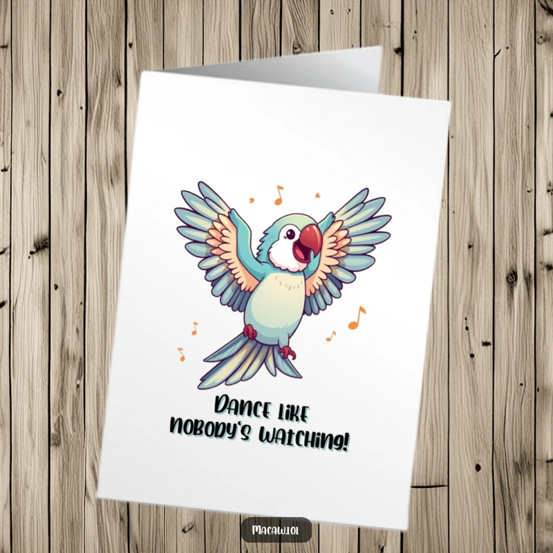 Funny Free Printable Birthday Card: A happy macaw with wings spread wide, dancing joyfully to unseen music, spreading birthday cheer.