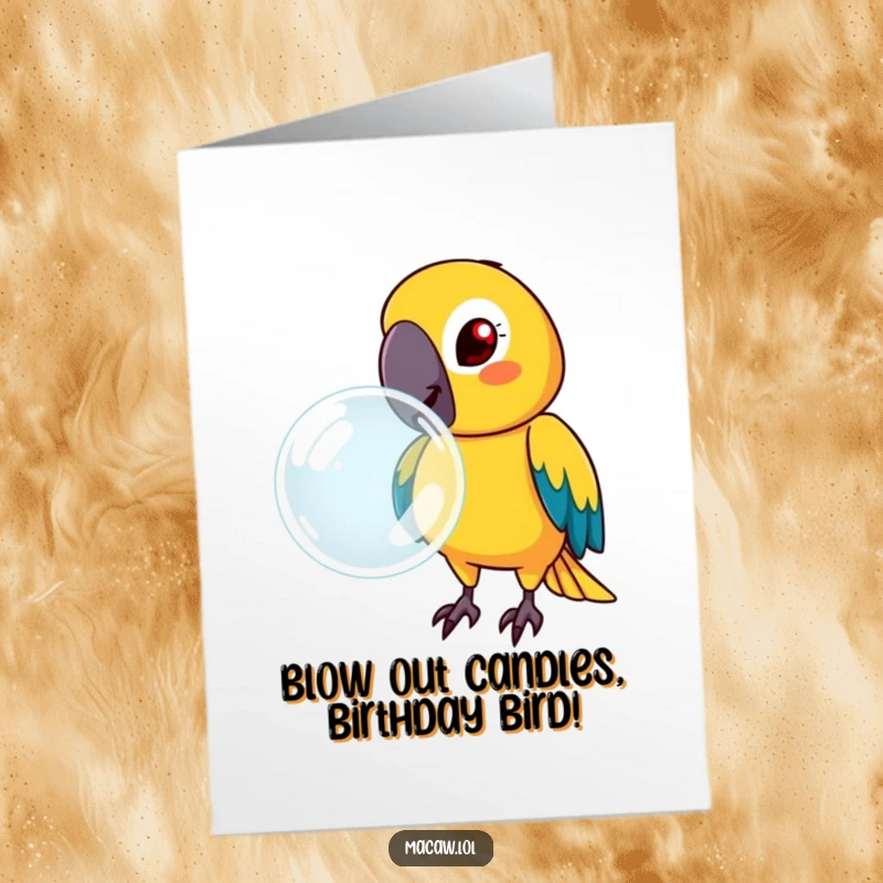 Funny Free Printable Birthday Card: A macaw with a very determined face concentrates intensely on blowing a giant, shimmering bubble.