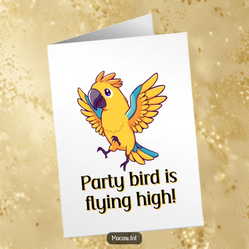 Funny Free Printable Birthday Card: Stylized macaw bird with fanned tail feathers joyfully dancing.