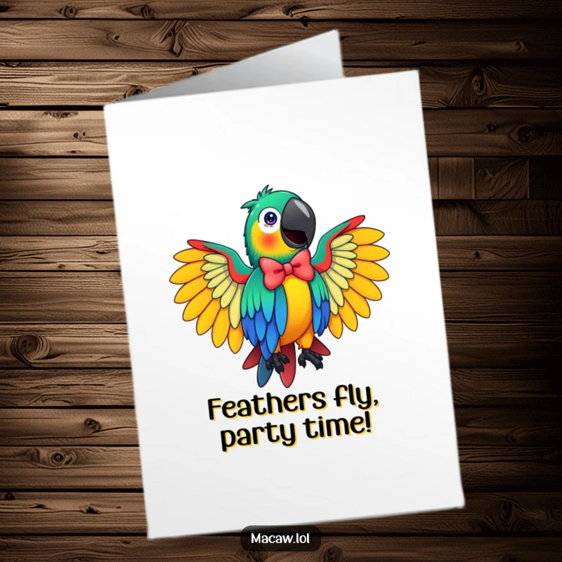 Funny Free Printable Birthday Card: Vibrant macaw with wings spread wide, performing a dramatic and humorous bow.