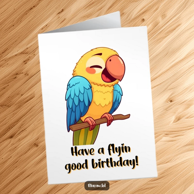 Funny free printable birthday card: A cute macaw with a hilariously contorted face as it awkwardly tests out a brand new perch.