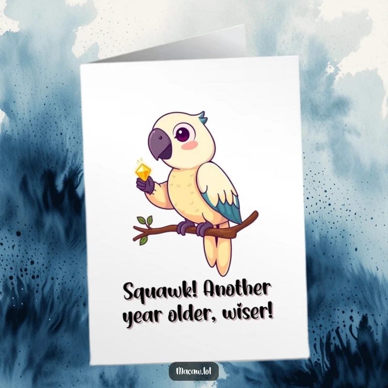 Funny Free Printable Birthday Card: A bright macaw clutches a golden treasure, ready to deliver laughs.