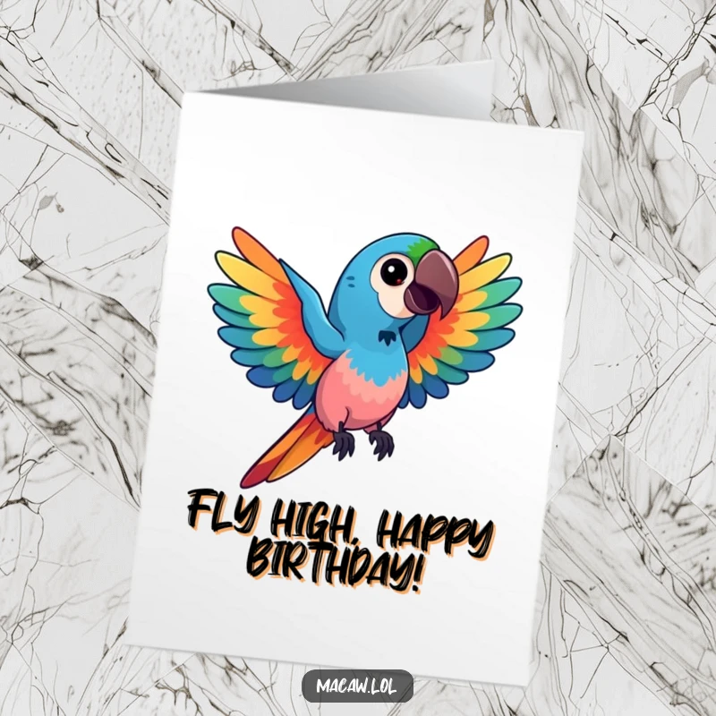 Funny Free Printable Birthday Card: a kawaii macaw bird with spread wings showing off vibrant, swirling rainbow colors.