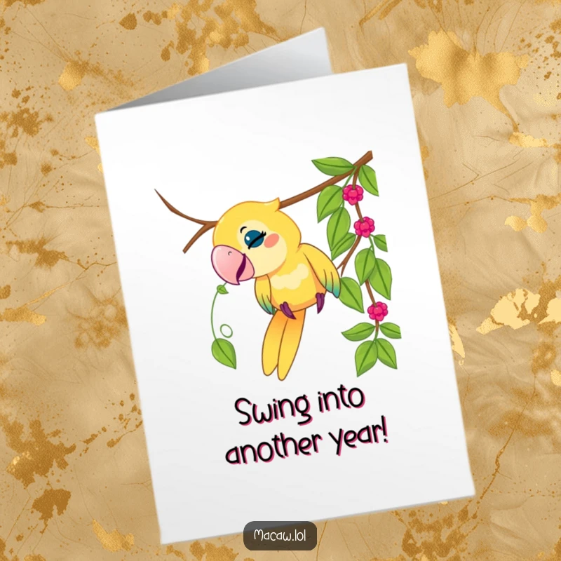 Funny Free Printable Birthday Card: Playful macaw bird actively tugging on a dangling vine.