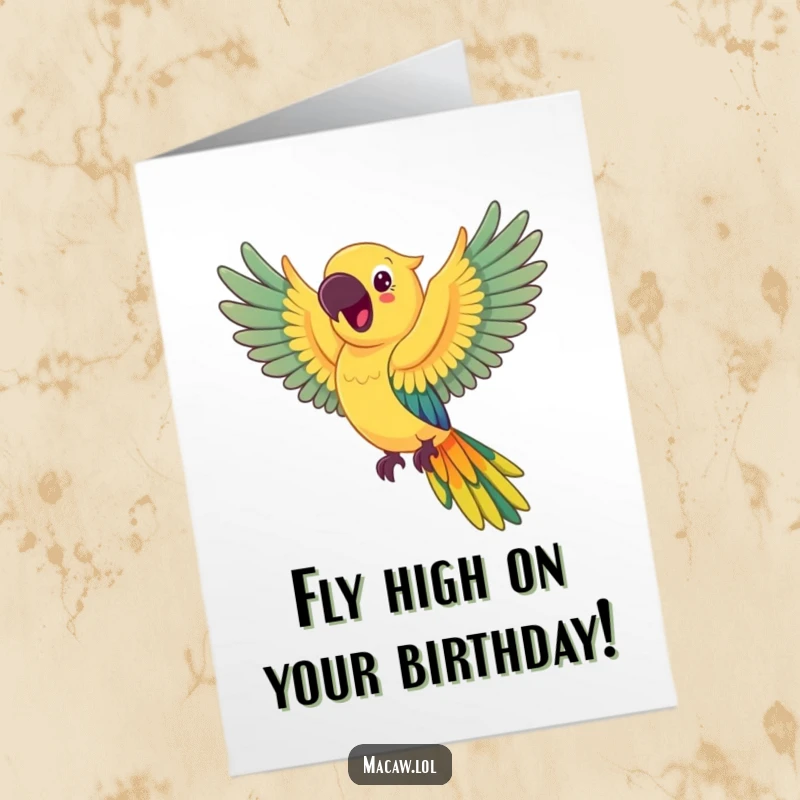 Funny Free Printable Birthday Card: A joyful macaw flaps its wings, creating a vibrant rainbow.