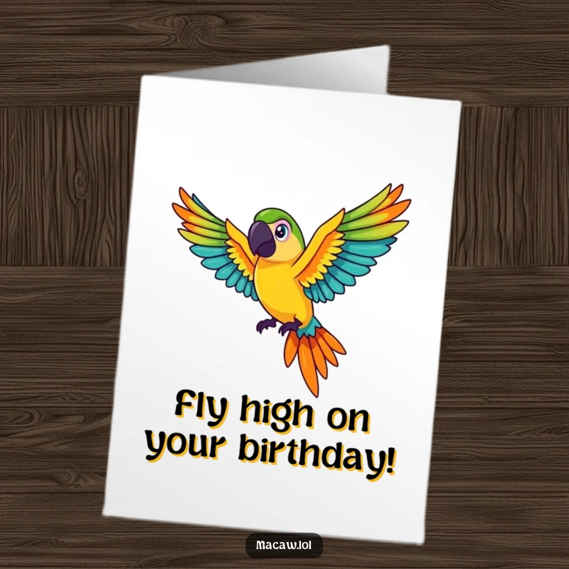 Funny Free Printable Birthday Card: A cute macaw bird gracefully flies with vibrant, colourful wings spread wide. Downloadable beauty.