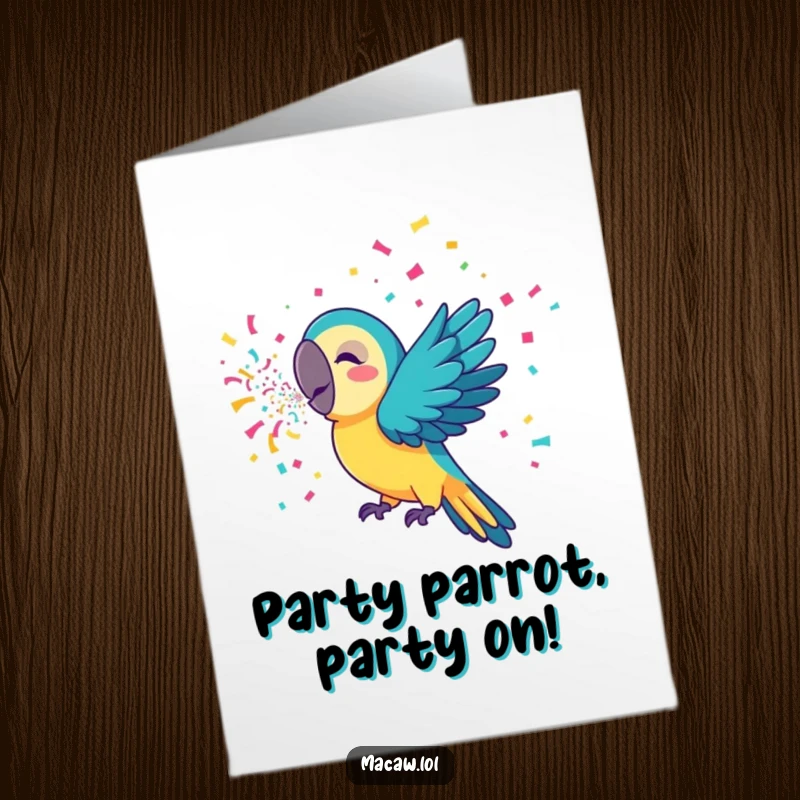 Funny free printable birthday card featuring a vibrant macaw bird joyfully blowing a colorful confetti stream from its beak.