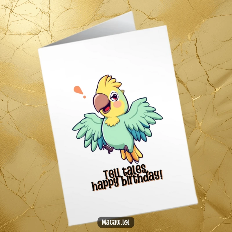 Funny Free Printable Macaw Birthday Card: Expressive macaw bird with exaggerated wing movements, mid-storytelling, celebrating a birthday with flair.