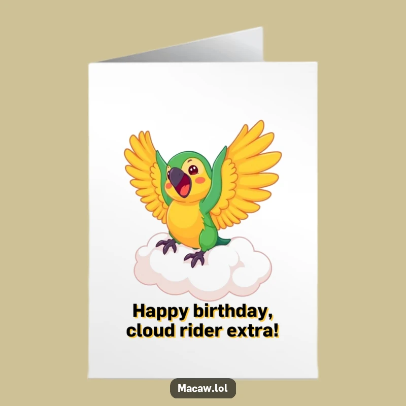 Free Printable Macaw Birthday Card: Funny Cloud Rider Downloadable Gift