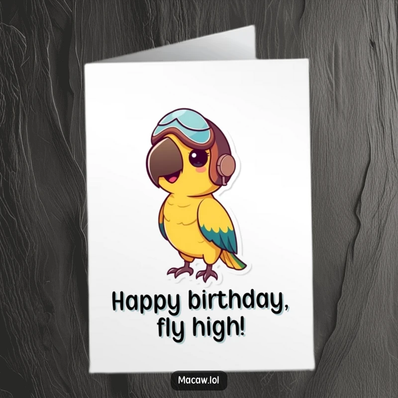 Funny Free Printable Macaw Birthday Card: Small, adventurous macaw bird wearing a tiny aviator helmet, ready for birthday exploration.