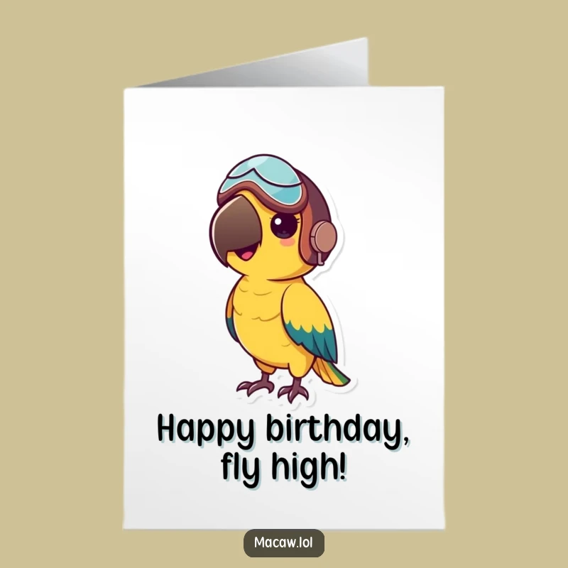 Free Printable Adventurous Macaw Birthday Card: Aviator Helmet Funny Downloadable Gift