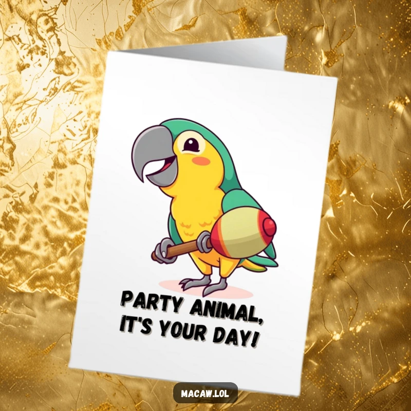 Funny Free Printable Birthday Card: Cheerful macaw shaking its maraca with a huge, toothy grin, ready for a party.