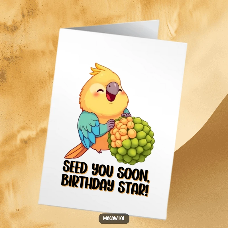 Funny free printable birthday card: Chubby, happy macaw stuffing its beak with a comically large seed, spreading birthday cheer.