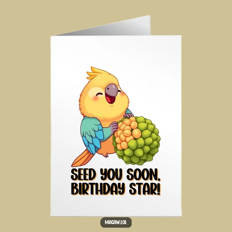Free Printable Birthday Card: Chubby Macaw Munching Hilariously - Funny Downloadable Gift