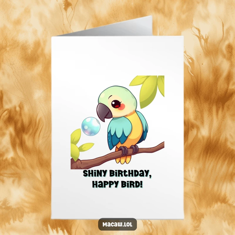 Funny Free Printable Birthday Card: a kawaii macaw bird on a branch curiously eyeing a shiny object with delight.