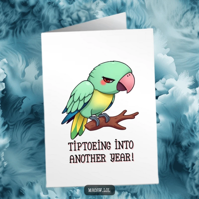 Funny Free Printable Birthday Card: Silly Macaw attempting to tiptoe on a branch, a downloadable greeting for a laugh.
