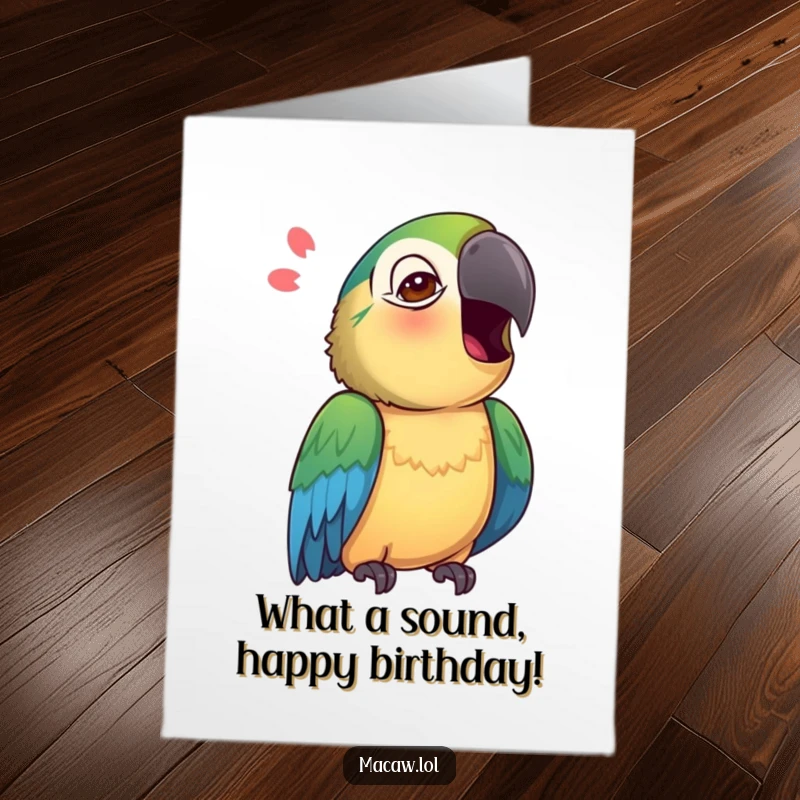 Funny Free Printable Macaw Birthday Card: A curious macaw tilts its head, listening intently and mimicking a sound.