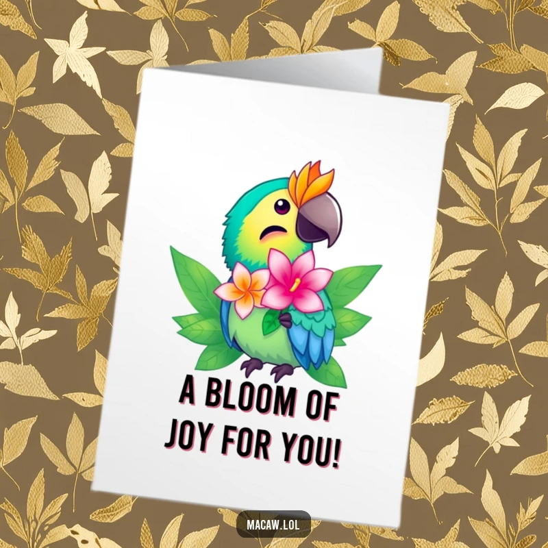 Funny Free Printable macaw congratulations card, a bright bird offering a tropical flower, symbolizing success and beauty.