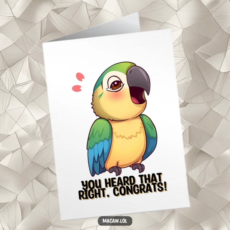 Funny Free Printable Macaw Congratulations Card: A curious macaw tilts its head, mimicking a sound to celebrate their success.