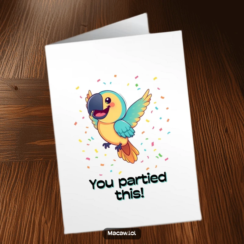 Funny Free Printable Macaw Congrats Card: Joyful bird with a wide grin flying through vibrant confetti.