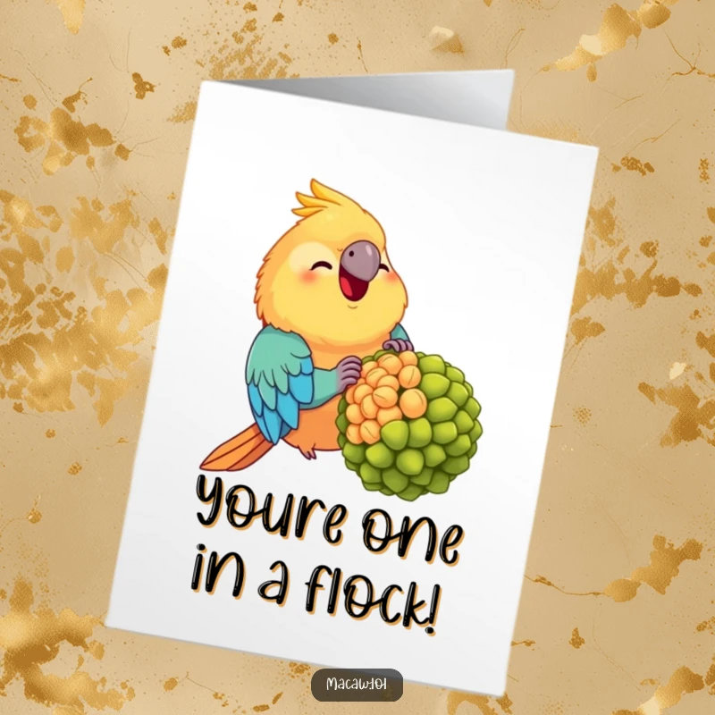 Funny free printable congratulations card: A plump, ecstatic macaw happily devouring an oversized seed, celebrating a grand success.